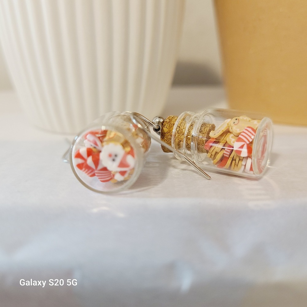 Handmade Tiny Christmas Jar Earrings Santa Candy Cane Bear Charm Dangle Jewelry - Picture 4 of 6